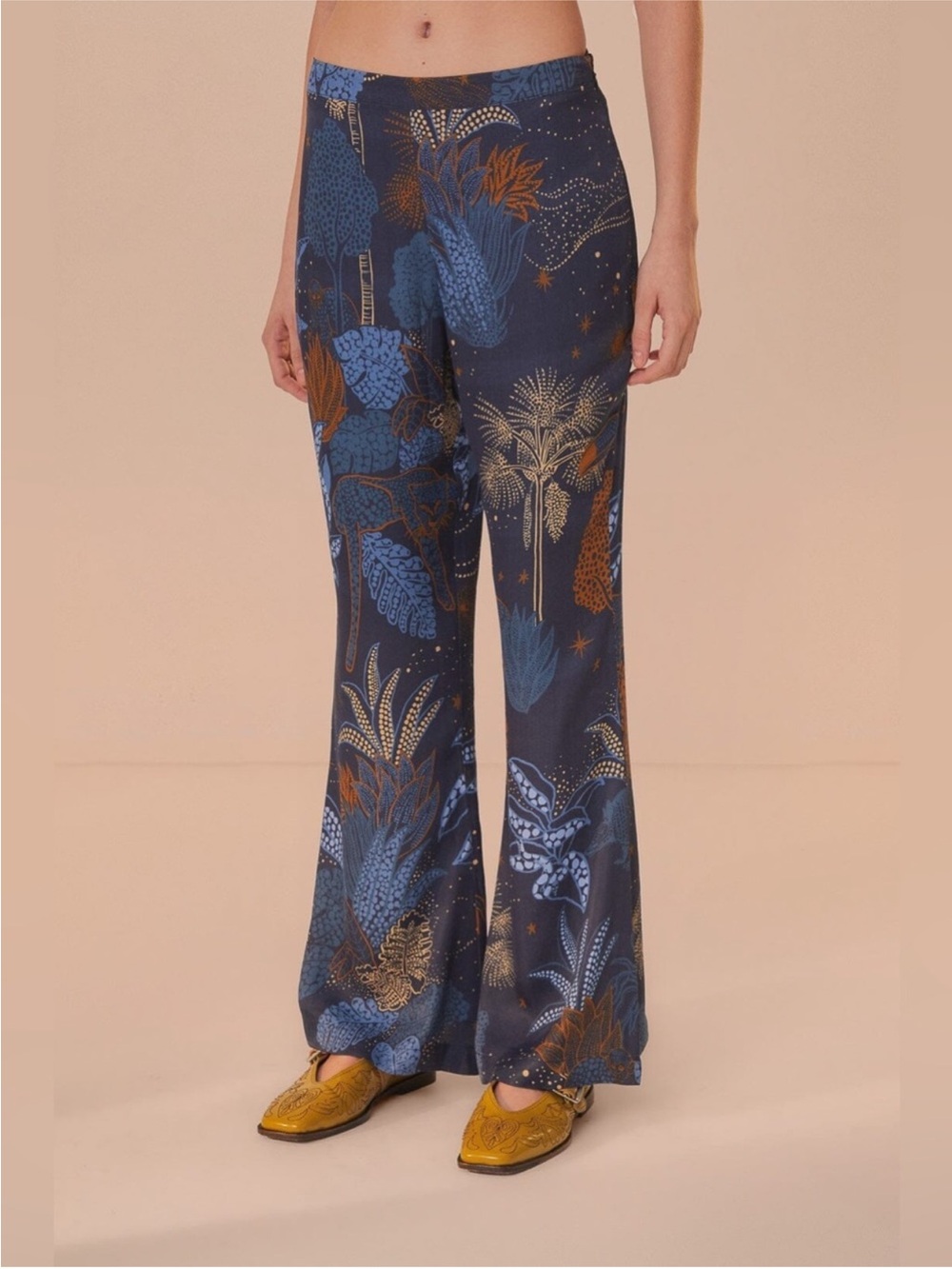 FARM Rio Navy Blue Wide-Leg Printed Pants with Gold & Rust Accents